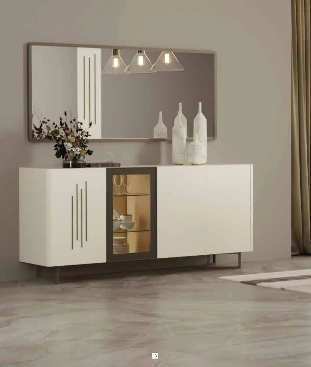 Aparador moderno bege com espelho e decoração elegante.